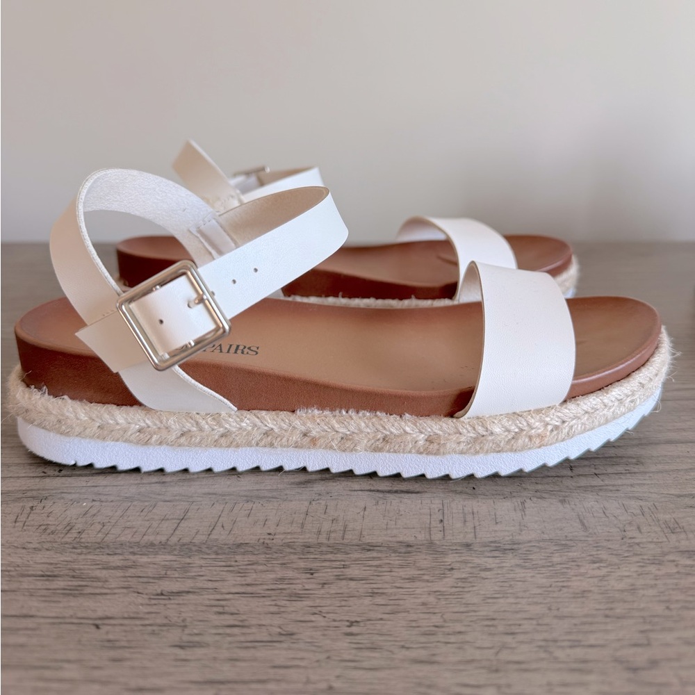 White Leather Platform Espadrille Sandals EUC Tan Ankle Strap Wedge Strappy - Picture 3 of 10